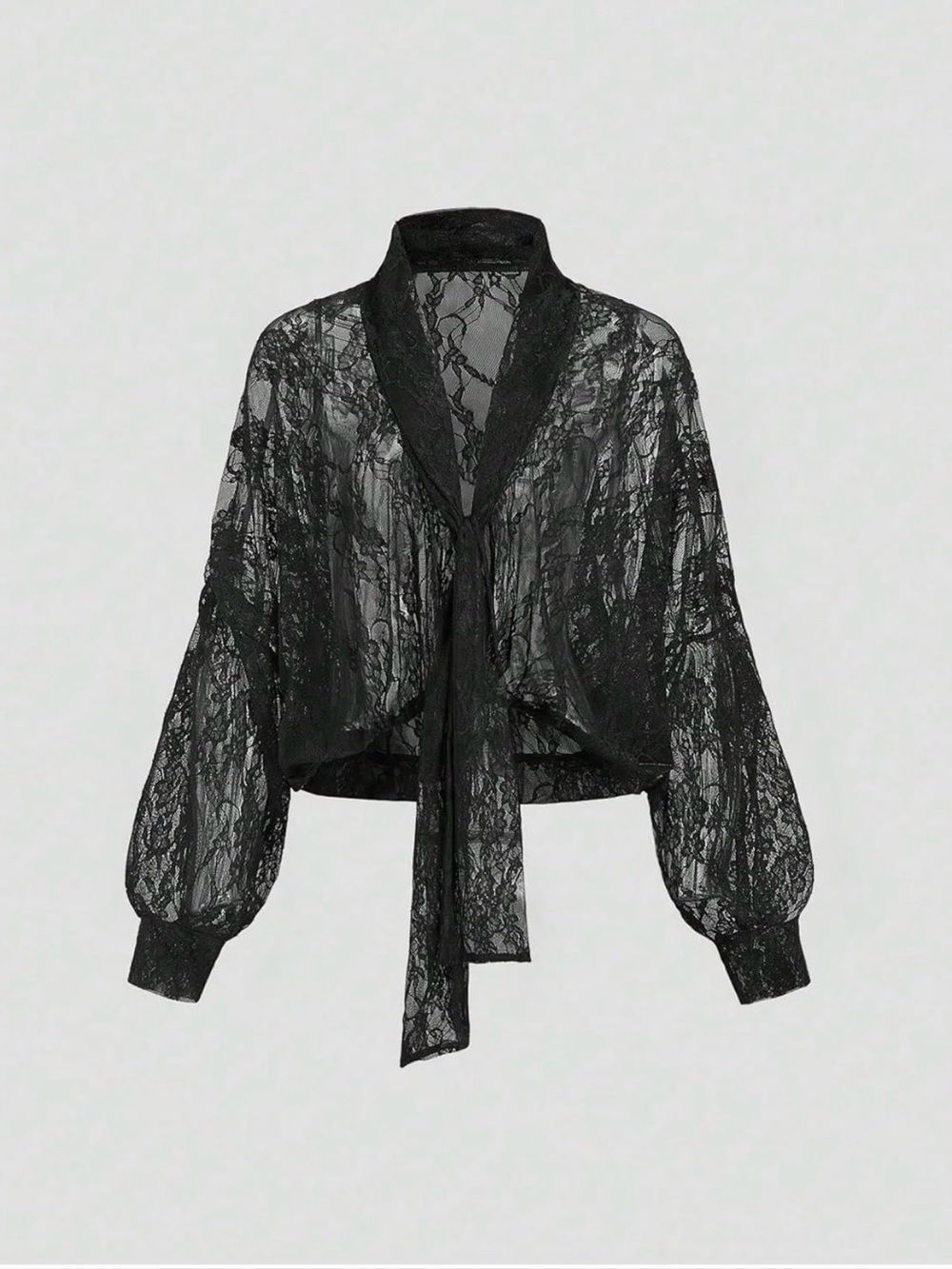 Boho Black Sheer Lace Tie-Front Blouse | Romantic Balloon Sleeve Top XS-XL - Picture 4 of 7